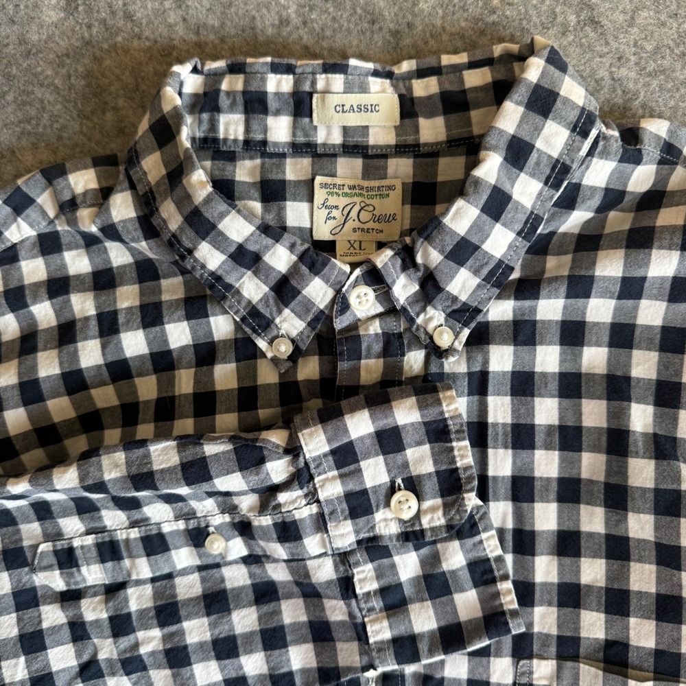 J.Crew Mens XL Secret Wash Stretch Gingham Button Down Shirt Navy White Classic